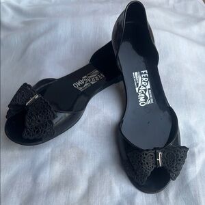 Salvatore Ferragamo Black Lace Bow Peep-Toe Flats